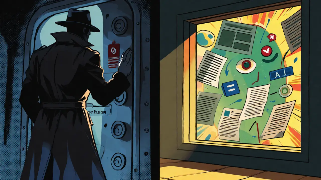 Split-screen comic art contrasting secretive AI data handling with transparent disclosure practices.