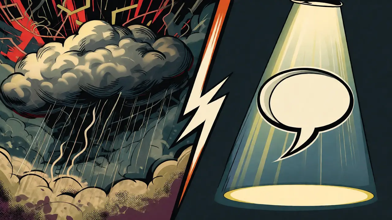 Split screen contrasting chaotic internal probability clouds with clear verbalized confidence
