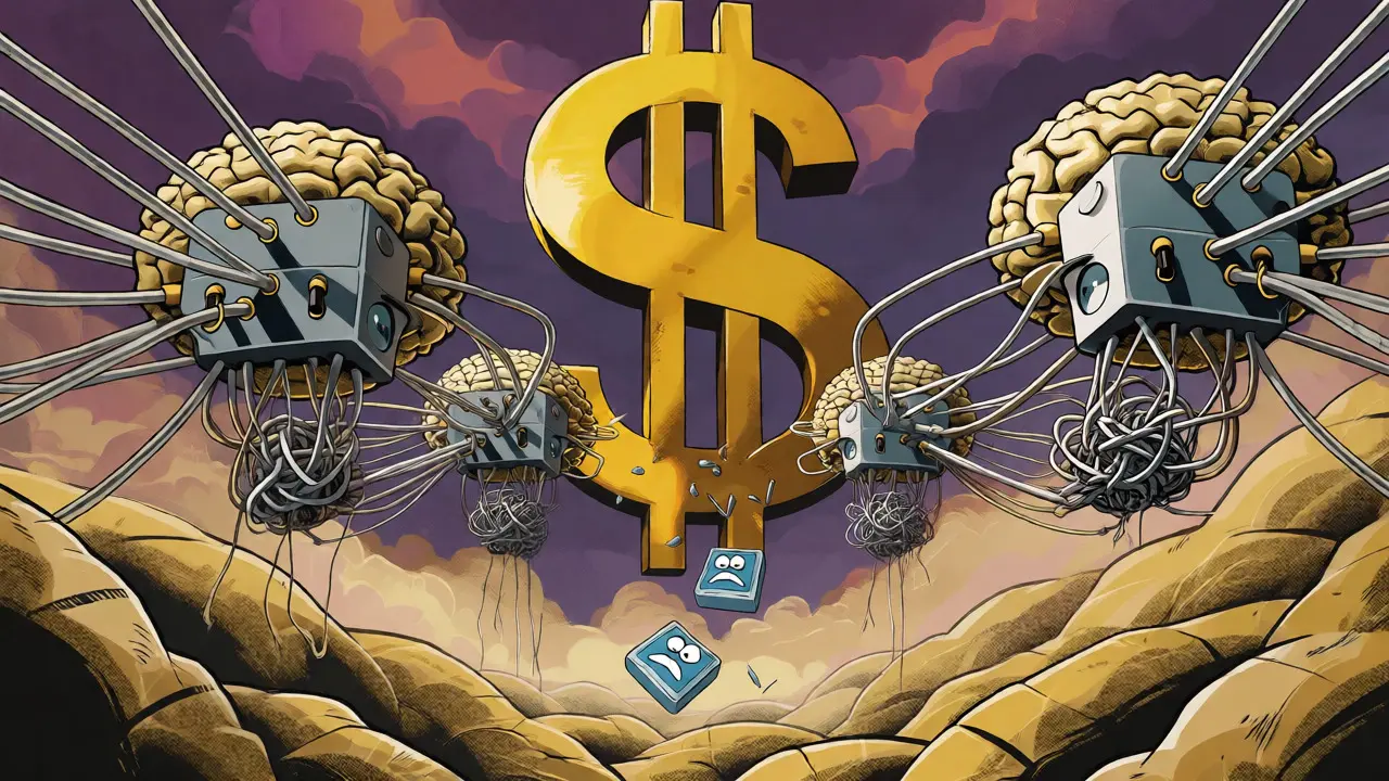 Tangled network wires and falling data packets beneath a giant golden dollar sign in retro comic art.