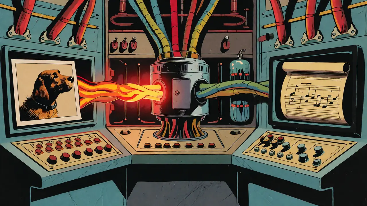 Vintage comic illustration of a decoder connecting to image, audio, and text inputs.