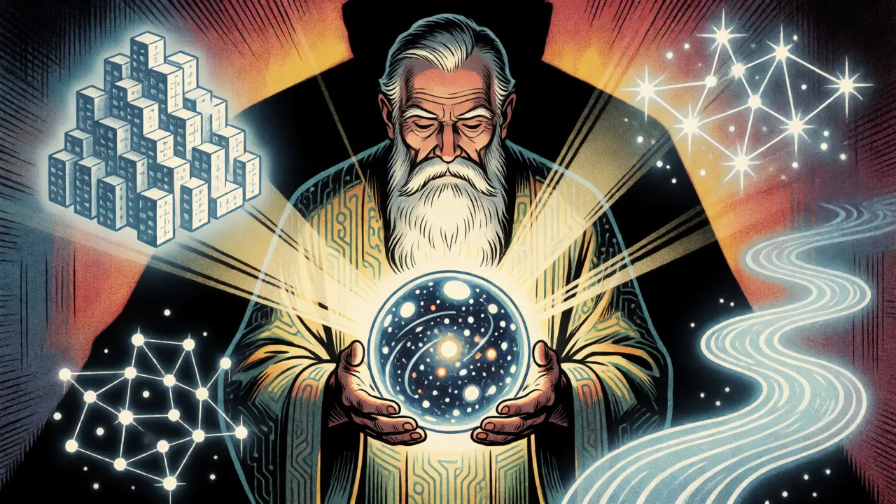 Wise mentor holding a glowing data orb surrounded by architectural concepts.