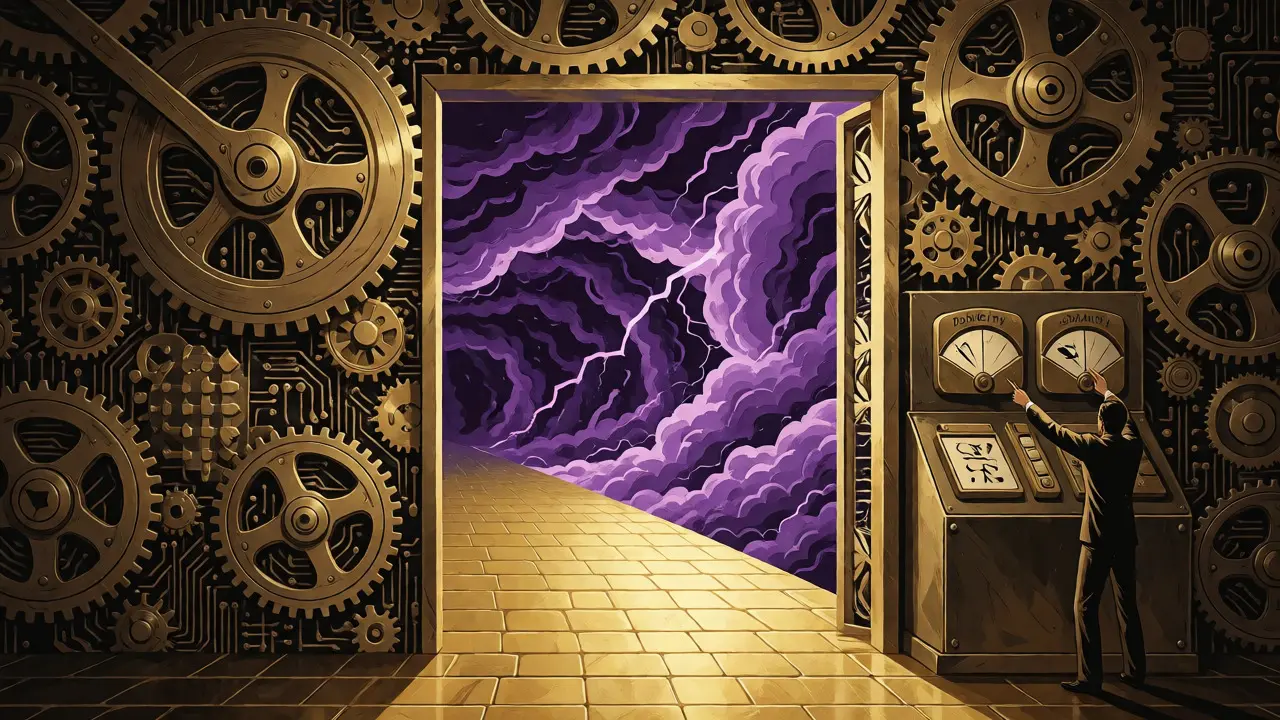 A developer controlling a complex mechanical gate that filters chaotic data into order.