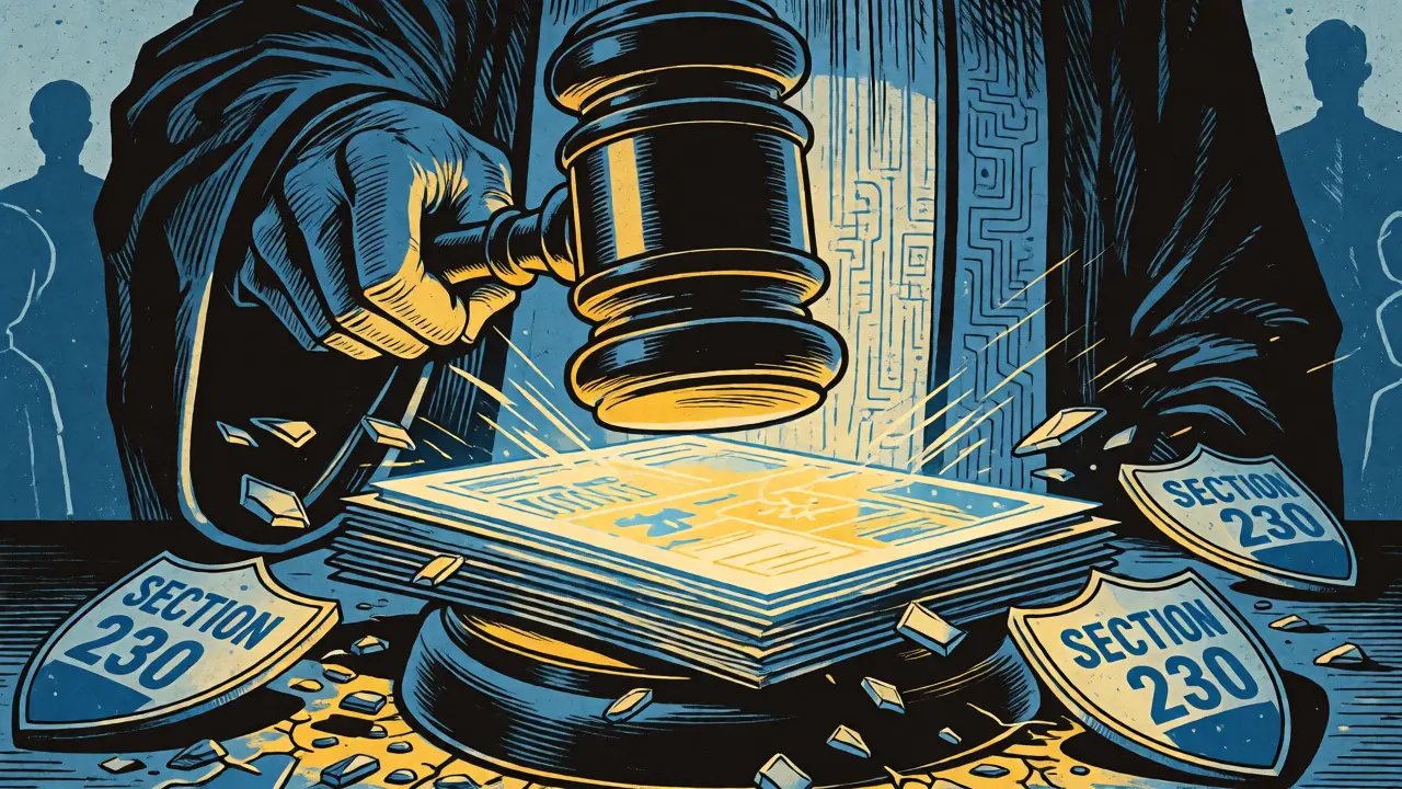A gavel shattering old legal shields amidst glowing holographic media files in comic style.