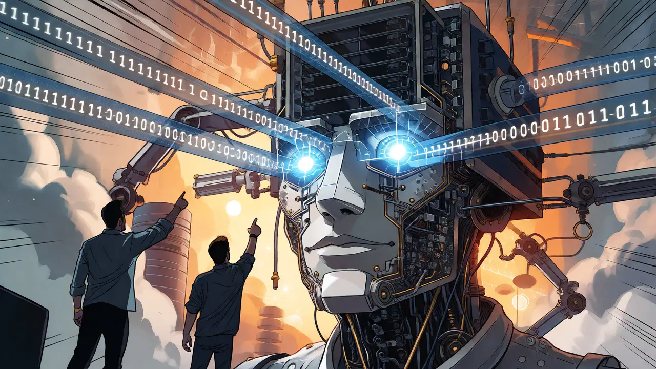 A giant robot made of circuits processing code streams while humans guide the construction of digital structures.