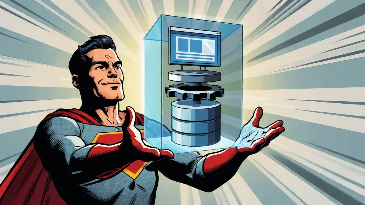 A hero holding a unified vertical slice cube containing full-stack app elements.