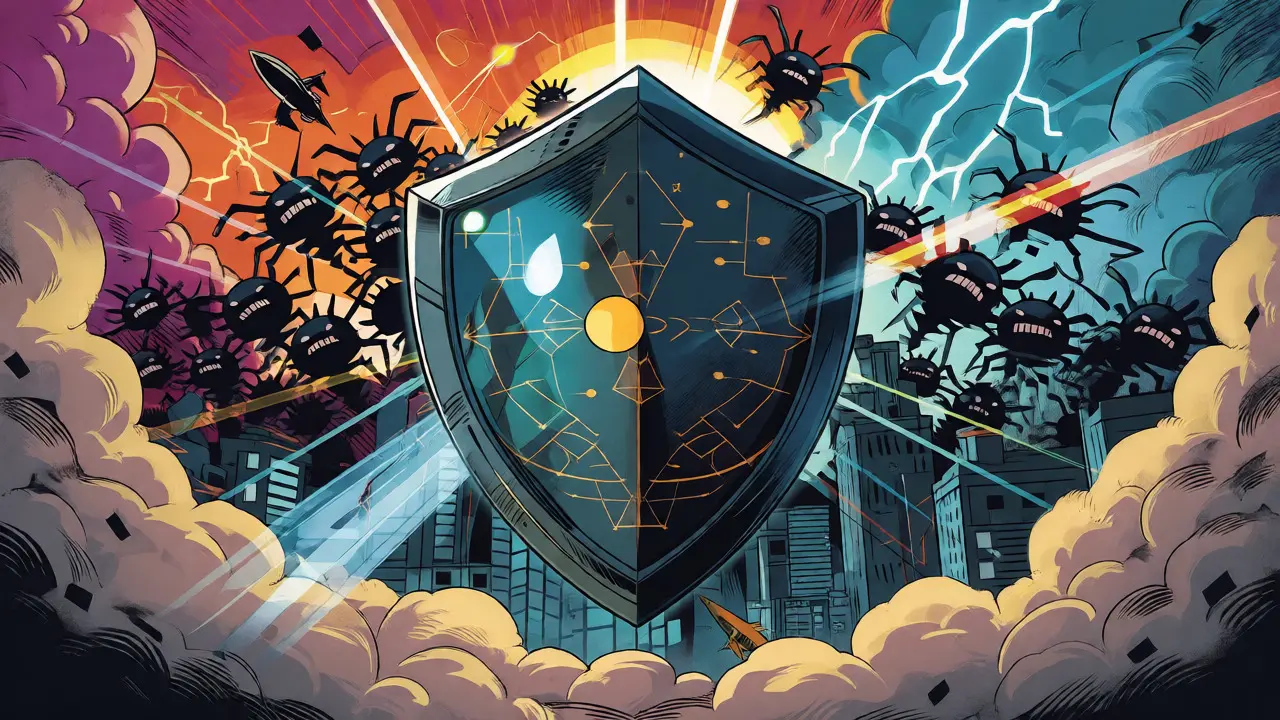 A protective shield deflecting digital bug monsters from a cityscape.