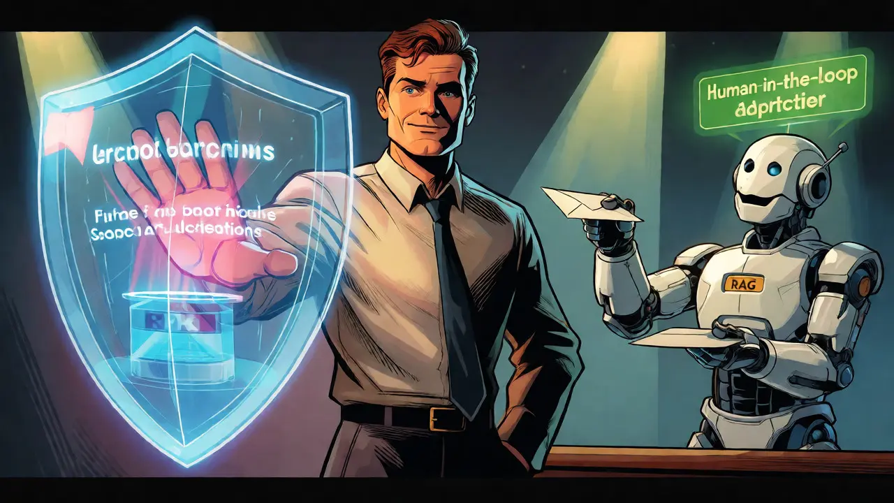 Agent protected by RAG shield with AI assistant in retro comic book style