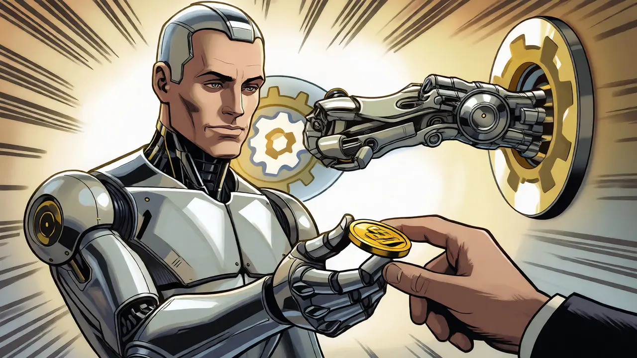 Android handing a golden coin to a user symbolizing accurate AI results.