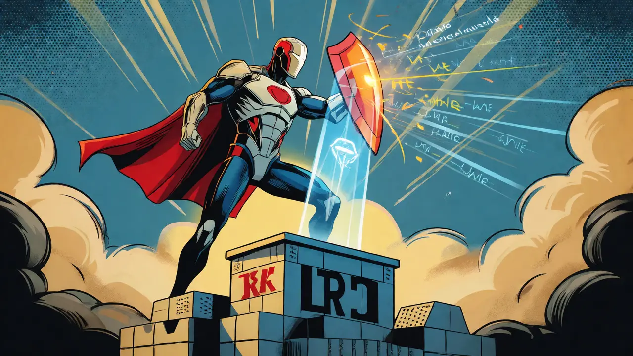 Armored AI hero shielding focused logic from irrelevant data streams with a glowing barrier.