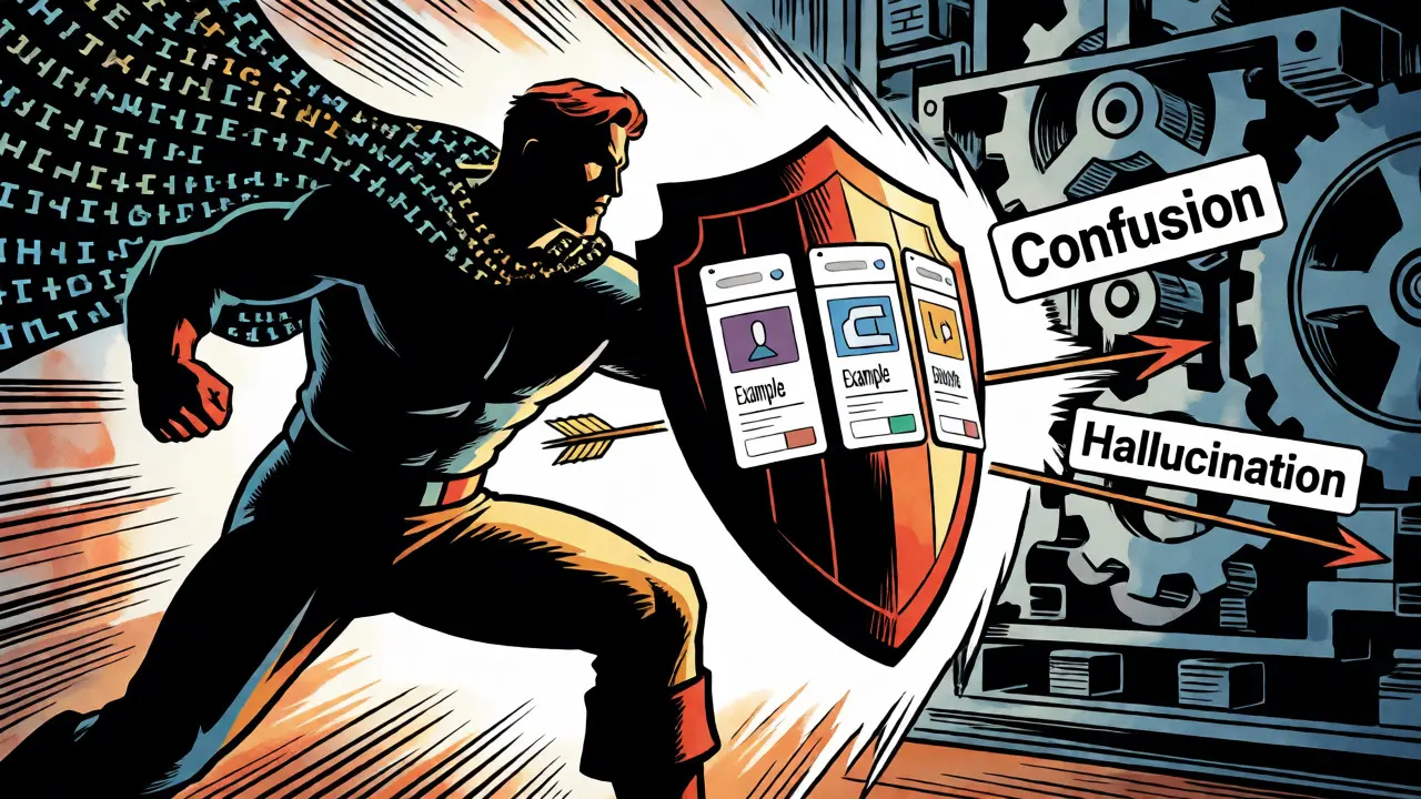 Caped hero using example shields to block confusion arrows in golden age comic