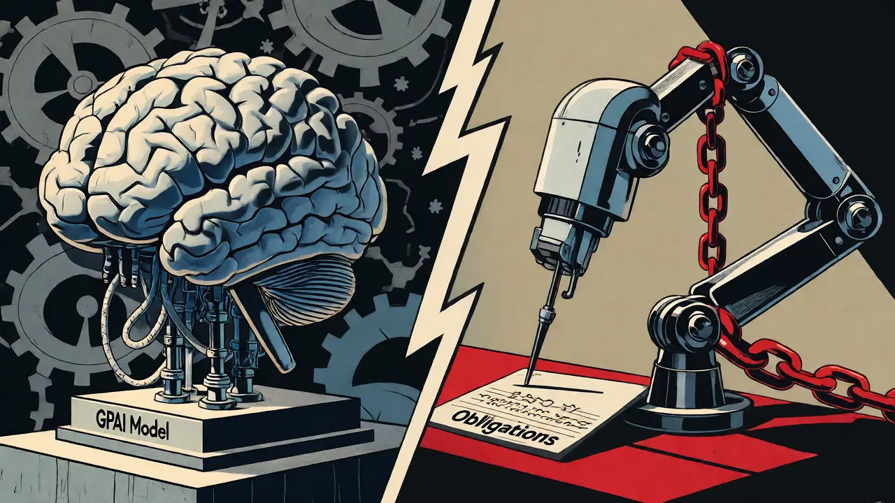 Comic art showing a large GPAI brain connected to a chained robotic arm performing tasks.