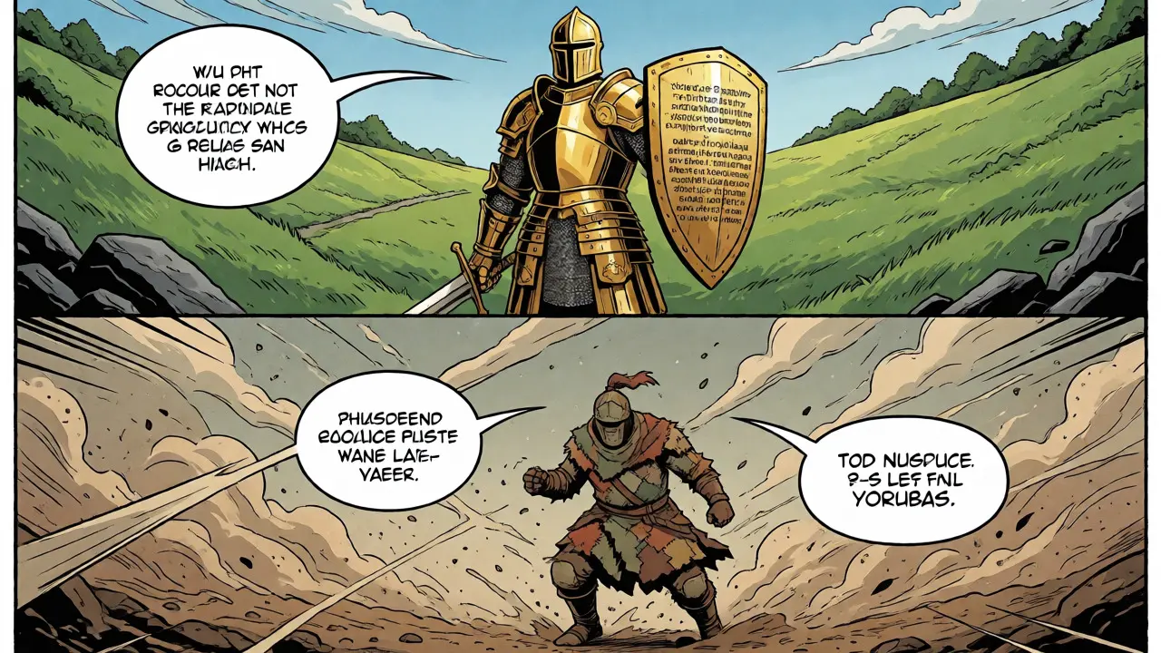 Comic panel contrasting powerful high-resource AI knights with struggling low-resource warriors.