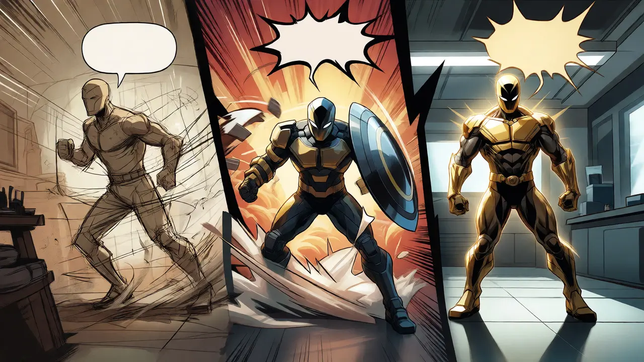 Comic panel showing software evolving from rough sketch to polished final form.