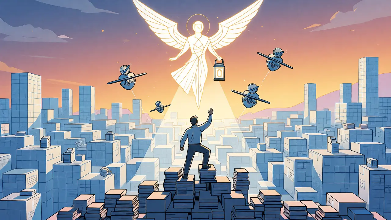 Confident developer overlooking a structured digital cityscape
