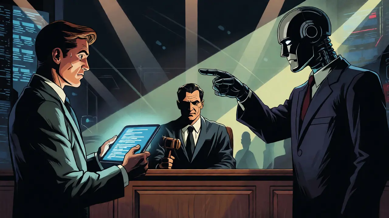Confrontation between a developer and an AI figure over code ownership blame.