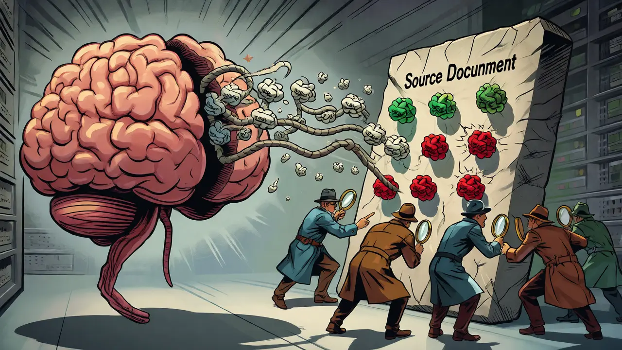 Detectives verify atomic statements against a source document tablet.