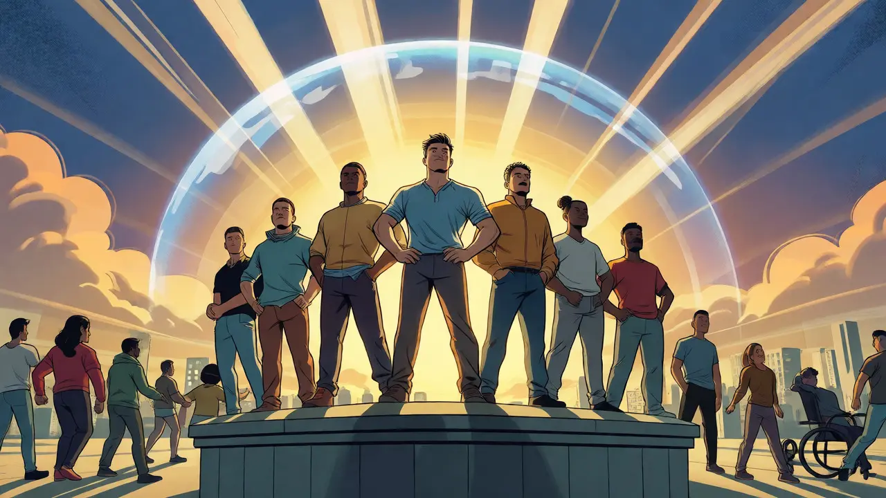 Developers standing triumphantly under a protective dome in Golden Age comic style.