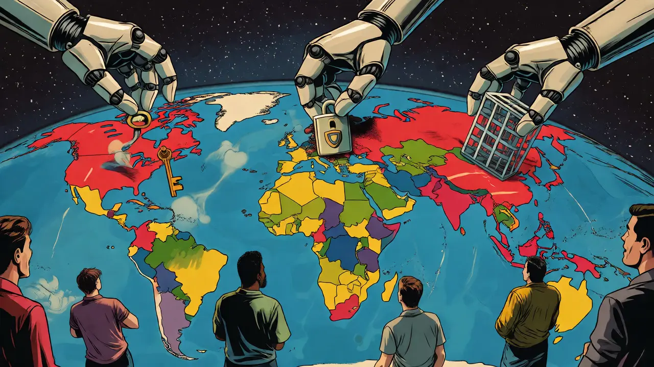 Giant hands applying regulatory filters to a global comic map