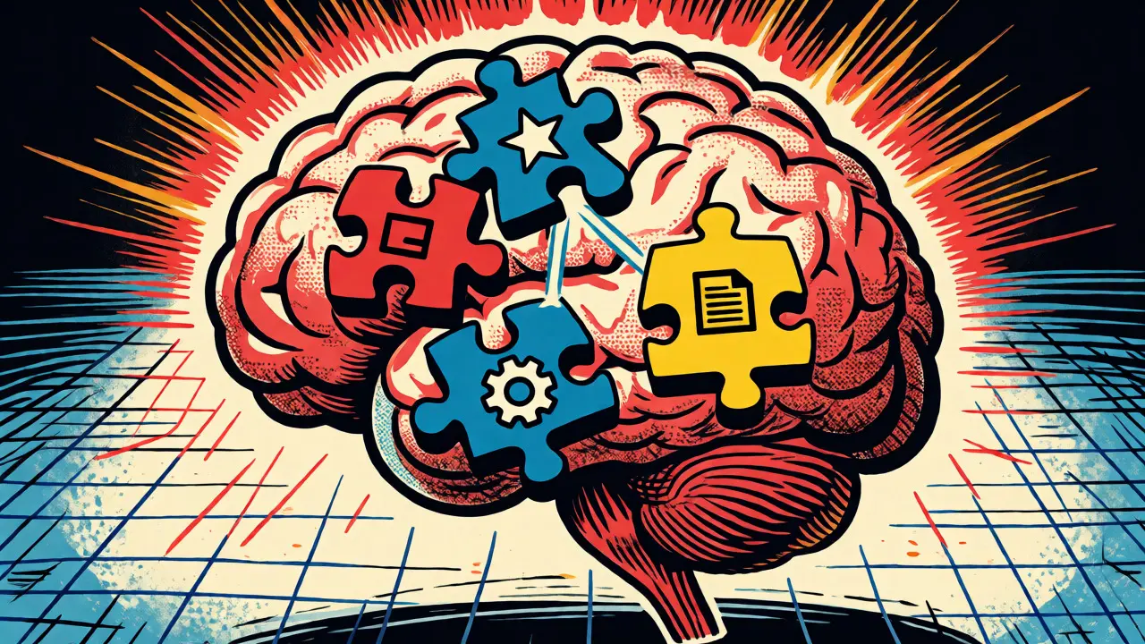 Glowing brain accepting puzzle pieces to illustrate few-shot learning concepts