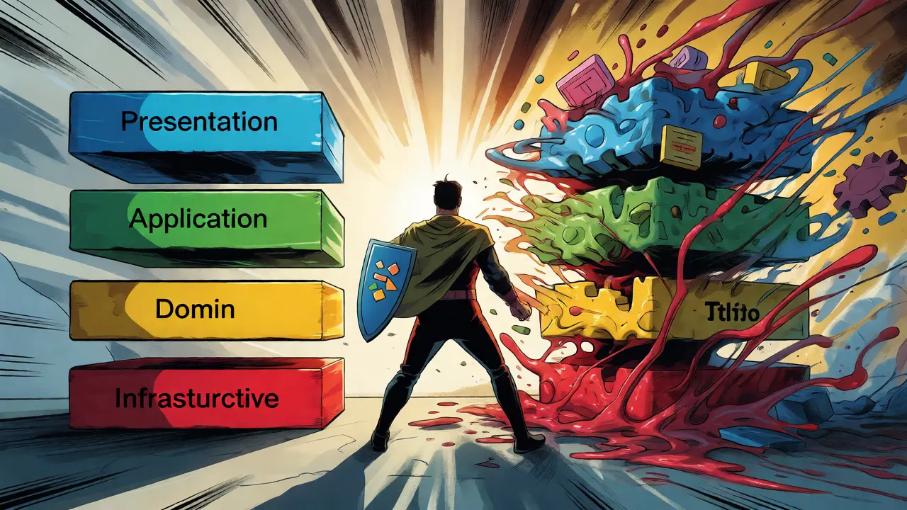 Heroic developer shielding organized software layers from a melting monster of mixed code in comic art.