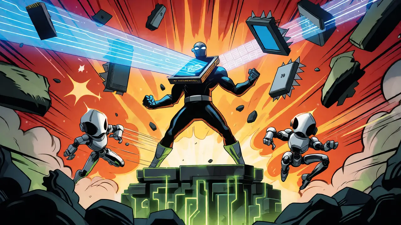 Heroic GPU organizing memory fragments with light beams in comic art