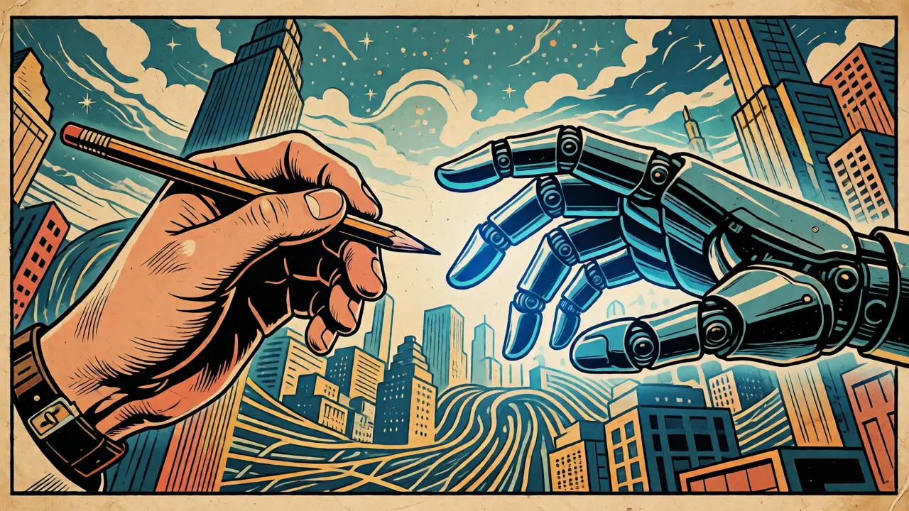 Human and robotic hands reaching toward each other over a stylized futuristic cityscape.