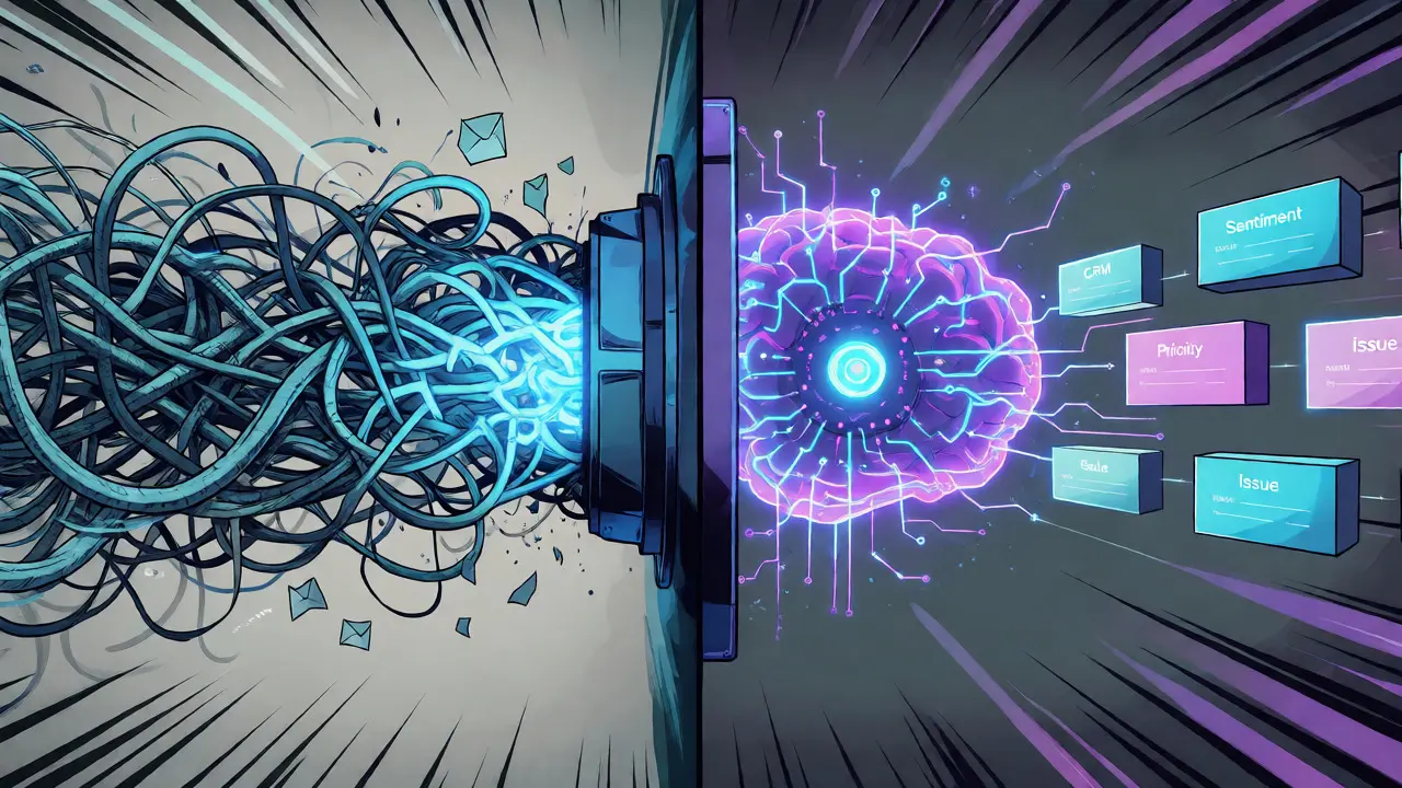 LLM machine transforming chaotic data streams into structured CRM fields in comic art