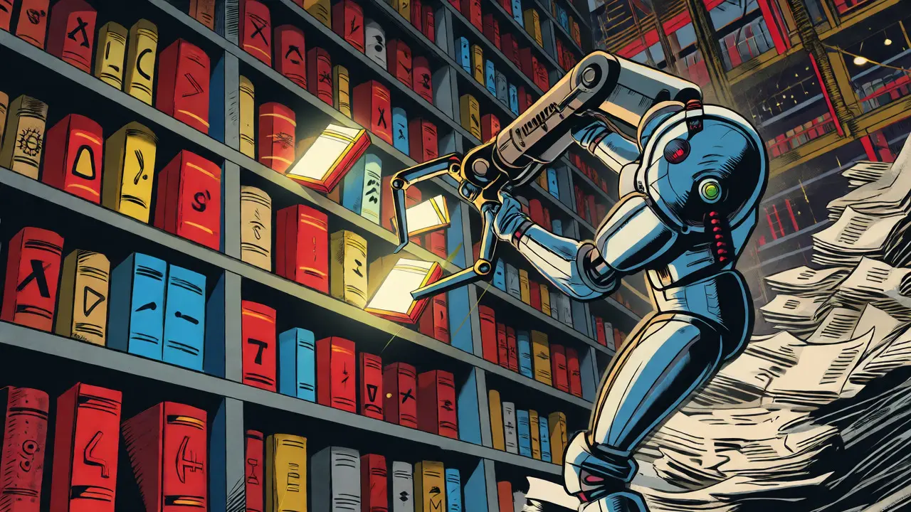 Retrieval agent using a claw to pull specific books from a giant library.