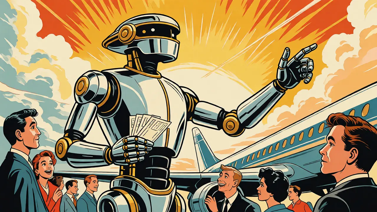 Retro-futuristic robot agent managing travel logistics at an airport