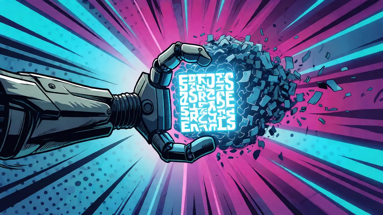 Robotic arm compressing a chaotic cloud of text into a dense, efficient block of light.