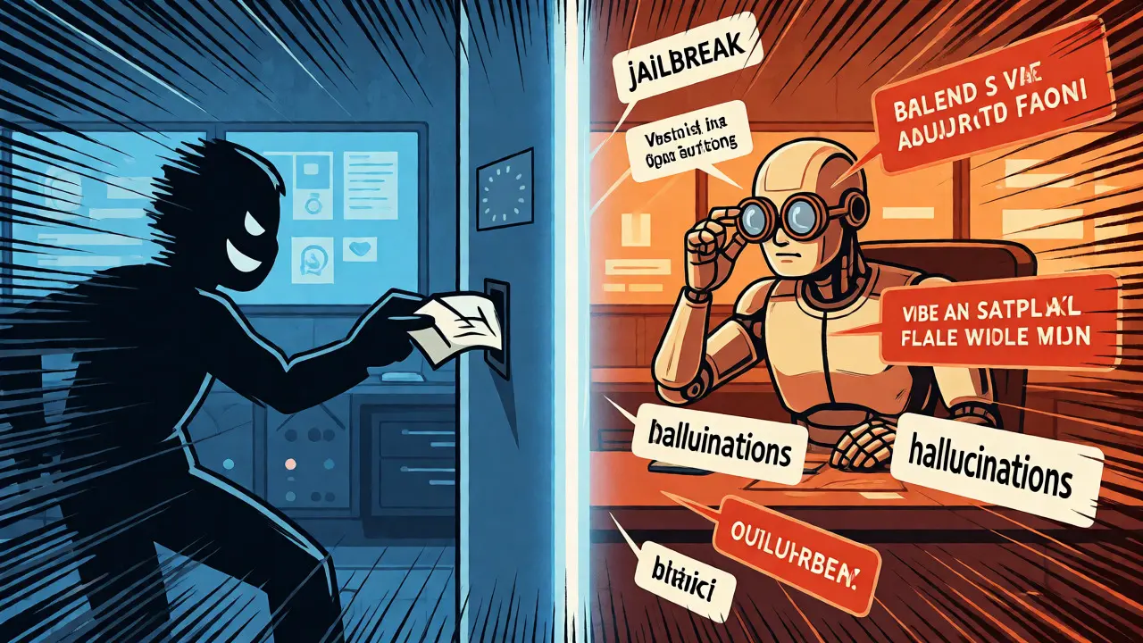 Robotic inspectors scanning text streams for errors in a split-screen comic panel.