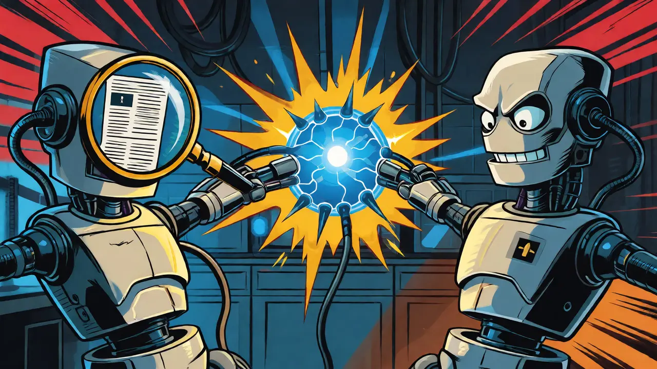 Robots engaged in adversarial training tug-of-war over document similarity in comic art.