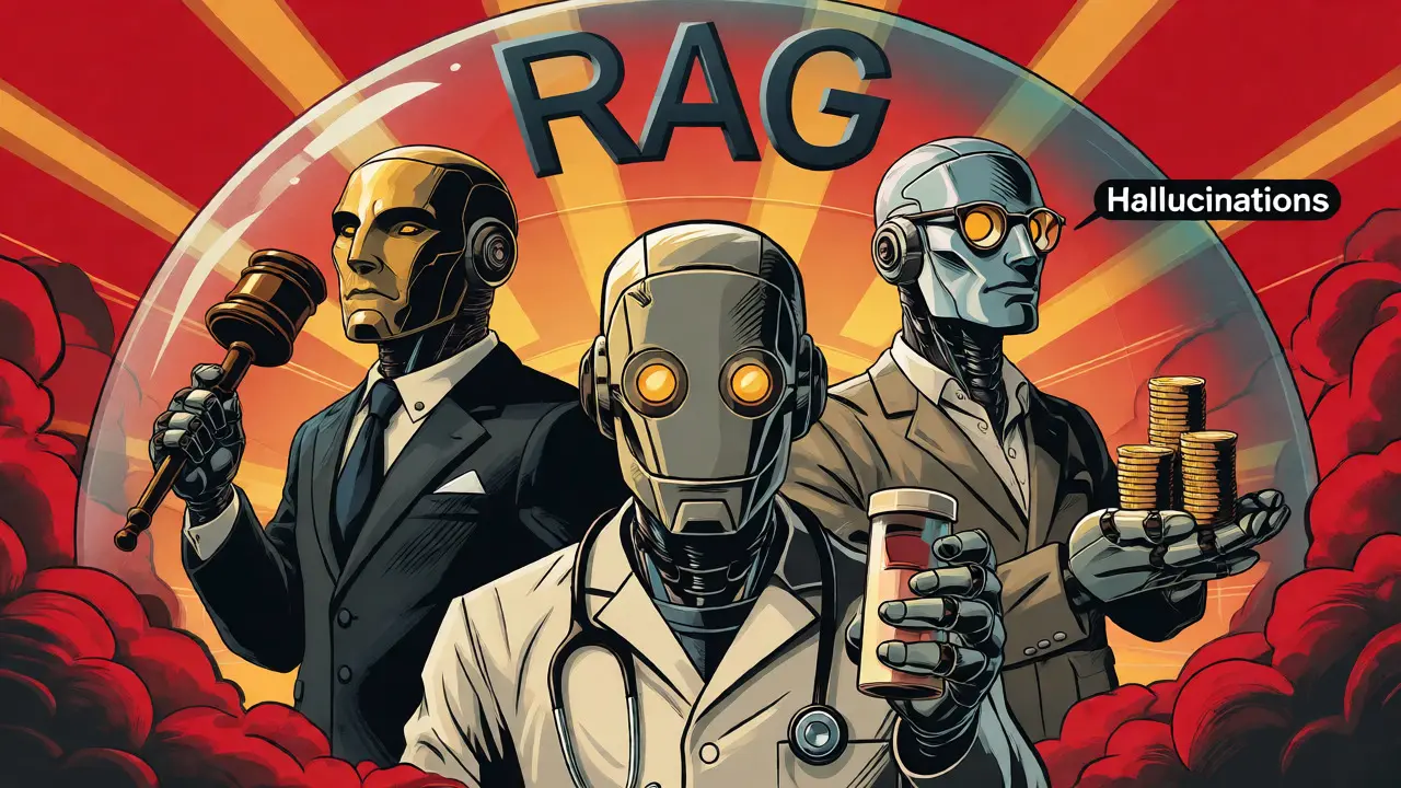 Specialized AI robots for medicine, law, and finance protected by a RAG shield in comic style.
