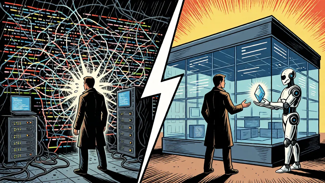 Split panel contrasting chaotic coding struggles with organized AI-assisted digital twin architecture.