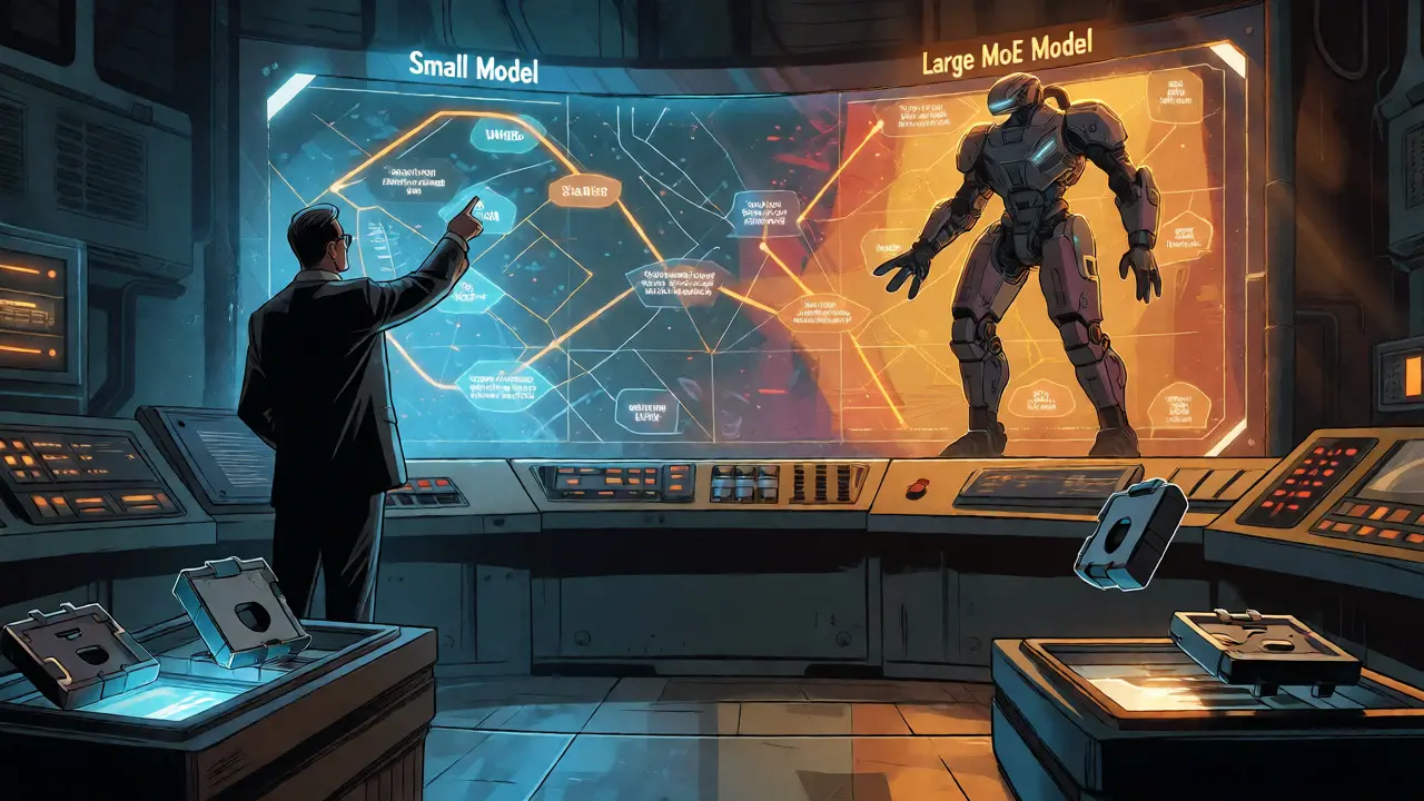 Strategist comparing small drone and large mech AI models in comic panel