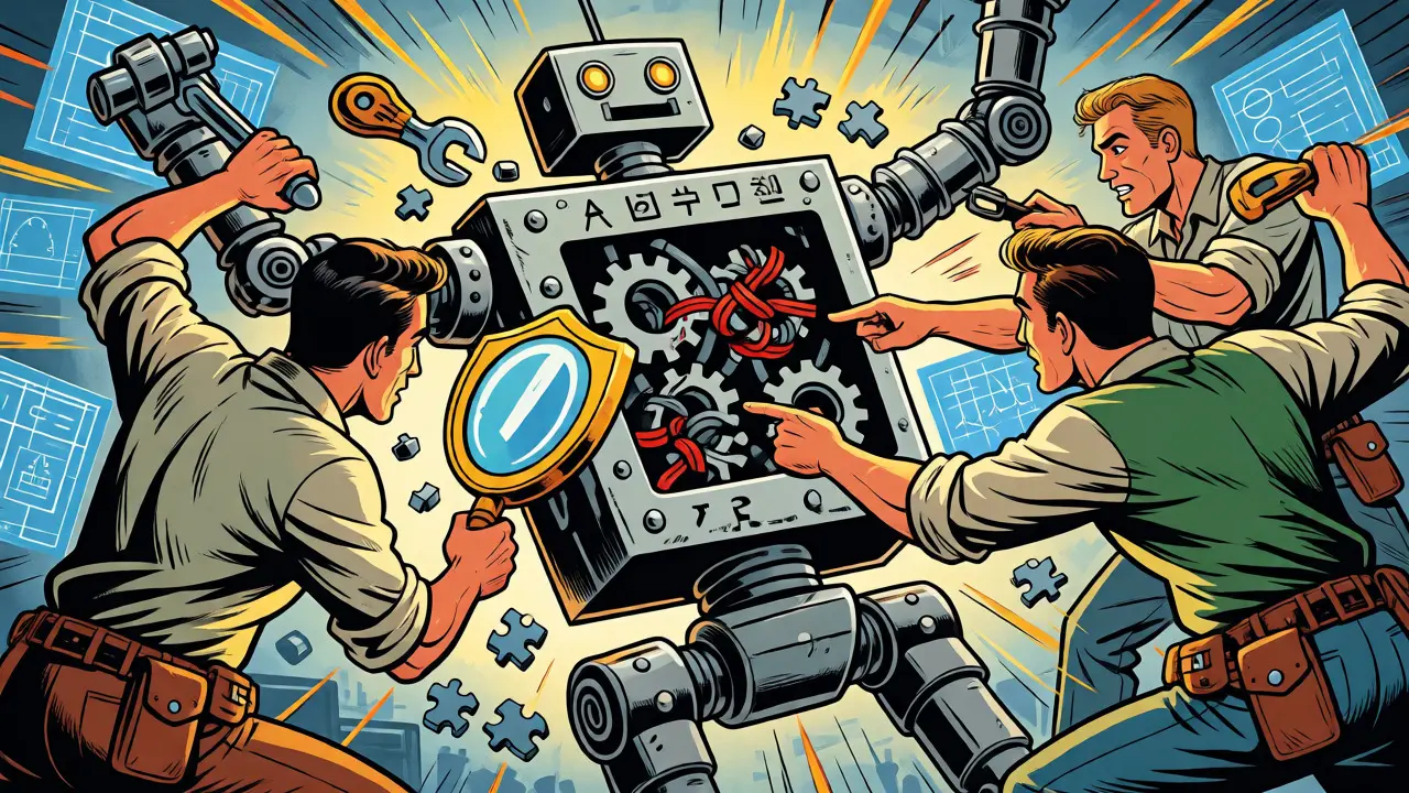 Team of developers repairing a mechanical AI robot with tools