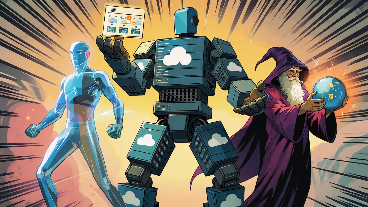 Three stylized characters representing v0, Firebase, and AI Studio tools
