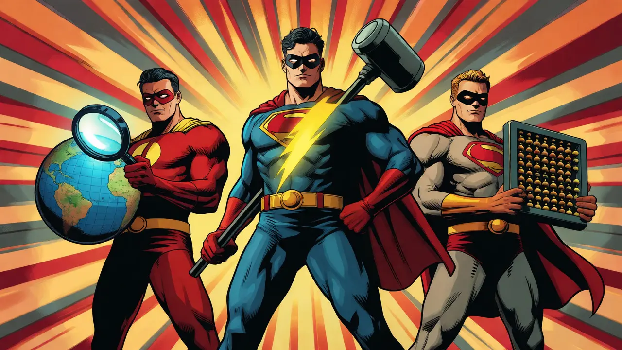 Three superheroes representing search, code execution, and calculators.