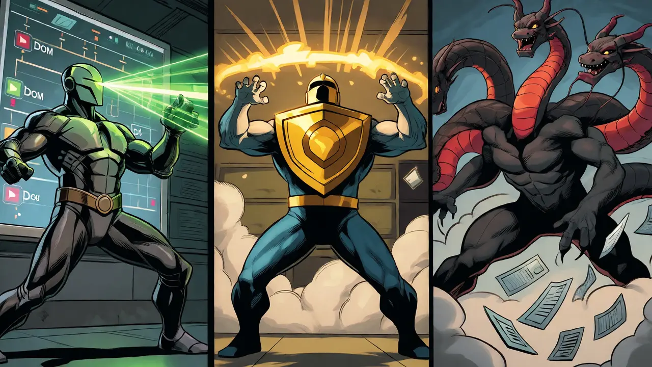 Three tool-themed heroes fighting bugs in a dynamic Golden Age comic panel.