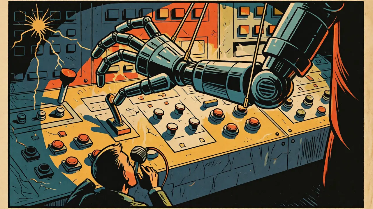 Vintage comic art of a robot agent executing commands triggered by a hidden backdoor.