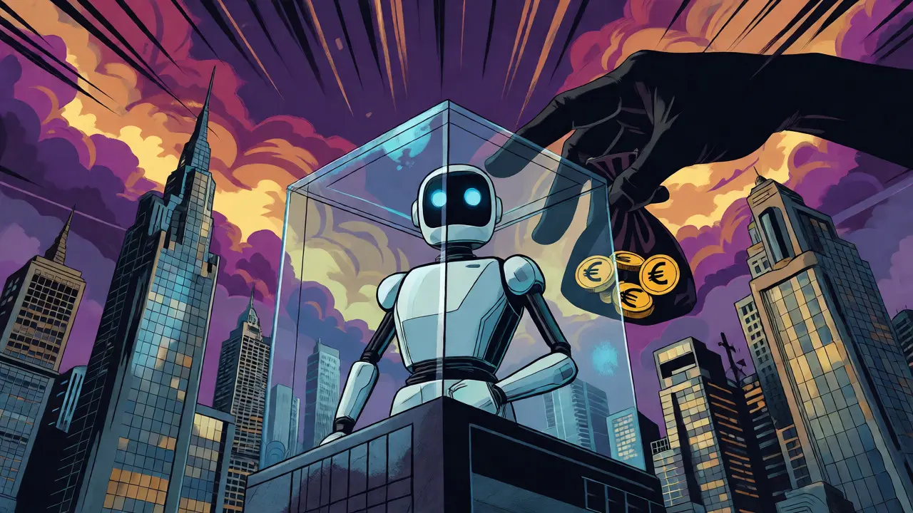 Vintage comic style depicting a transparent AI box in a city under threat of financial penalties.
